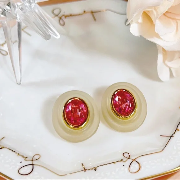Givenchy Couture Rare 18k Gold, Lucite & Pink Sapphire Clip-On Earrings